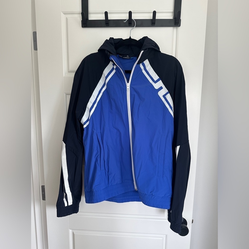 J.Lindeberg Blue and Black Windbreaker with Hood and Full-Length Zipper